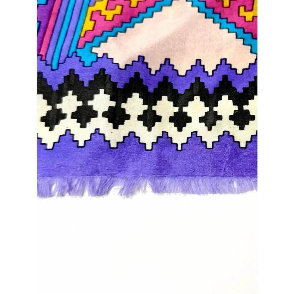 Oscar de la Renta Silk Scarf Geometric Tribal Southwestern Print Purple 11x50